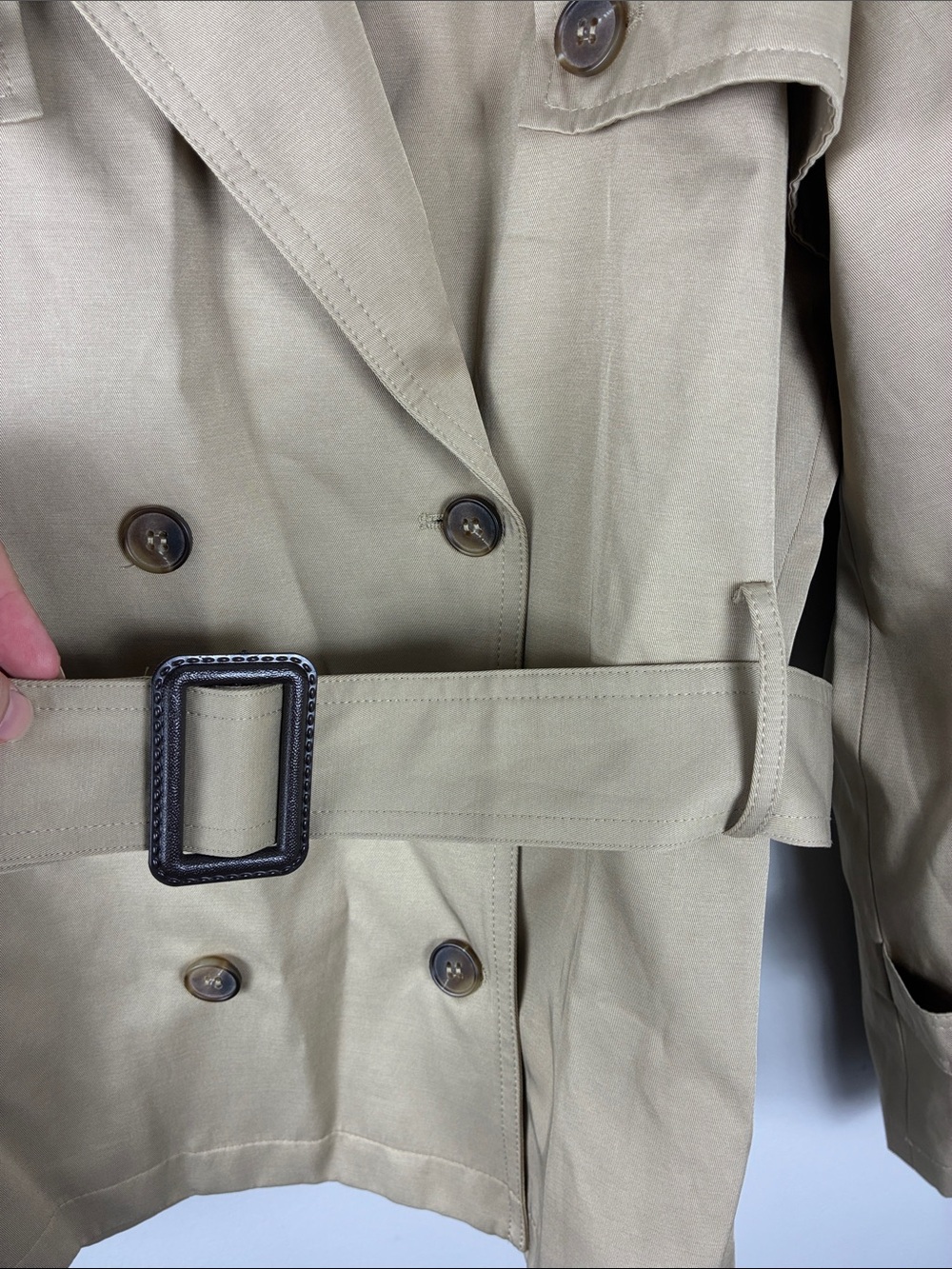 Women’s Kahaki Short Trench Coat Jacket w Belt Luxury Preppy Casual Outdoors NEW - Picture 6 of 11